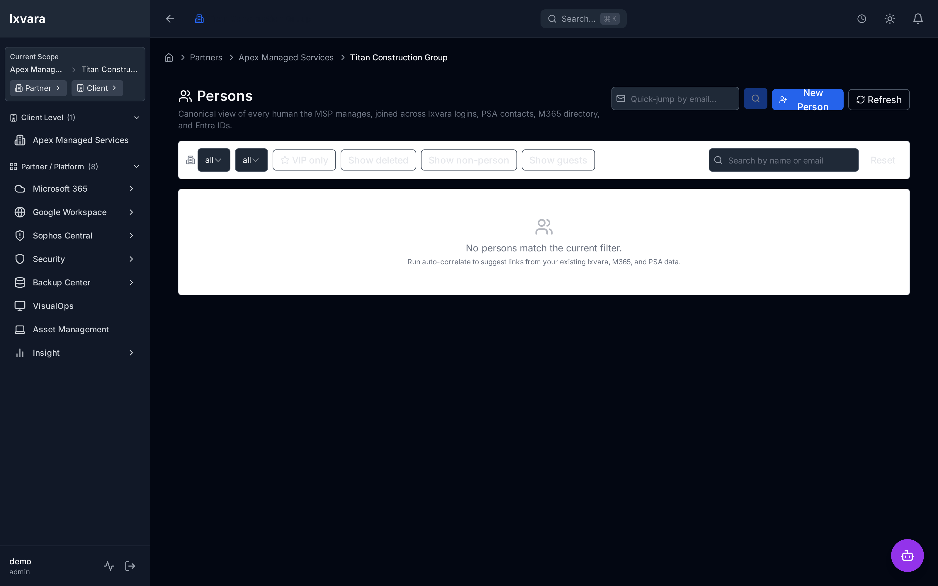 A unified person record: one person with their accounts, devices, licenses, and access in a single identity-centered view.